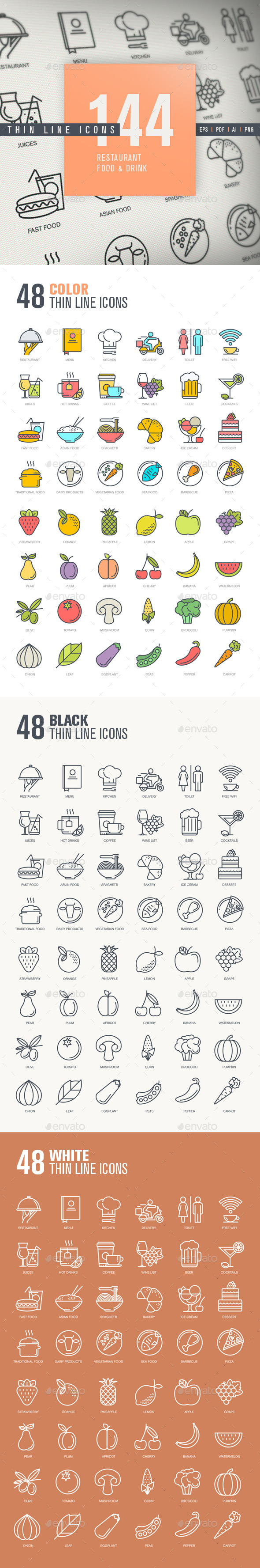 Thin Line Icons for Restaurant, Food & Drink