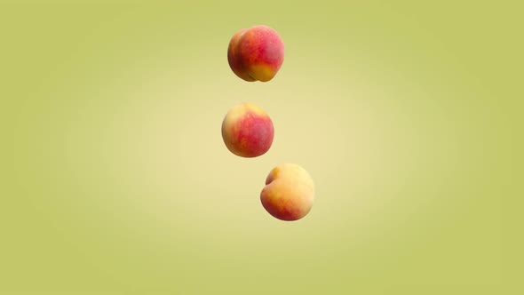 Three Peaches Falling on an YellowGreen Background