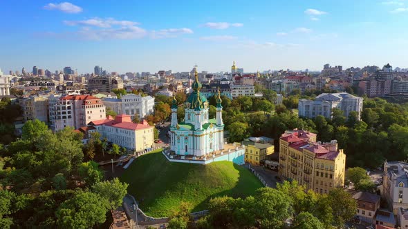 Aerial Drone Video Famous St. Andrews Church and Panorama of Kyiv, Ukraine