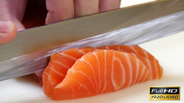 Sushi Chef Slicing a Salmon Steak Nigiri Style