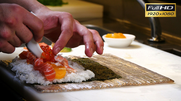 Sushi Chef Preparing Salmon Peach Futomaki Roll