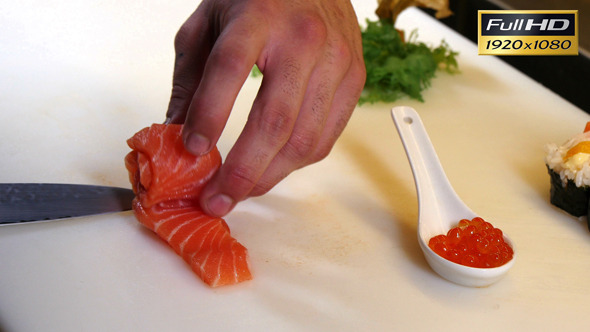 Sushi Chef Preparing Salmon Roes Sashimi Flower