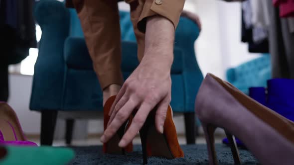Back View Highheels on Male Feet with Unrecognizable Gay Man Touching Footwear in Slow Motion