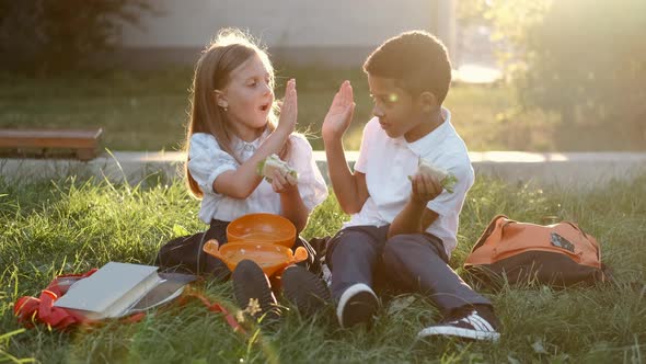 Multethnic Classmates Eating Sandwiches and Clapping Each Other Hands on the Grass