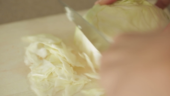Female Hands Slicing Cabbage On Cutting Board