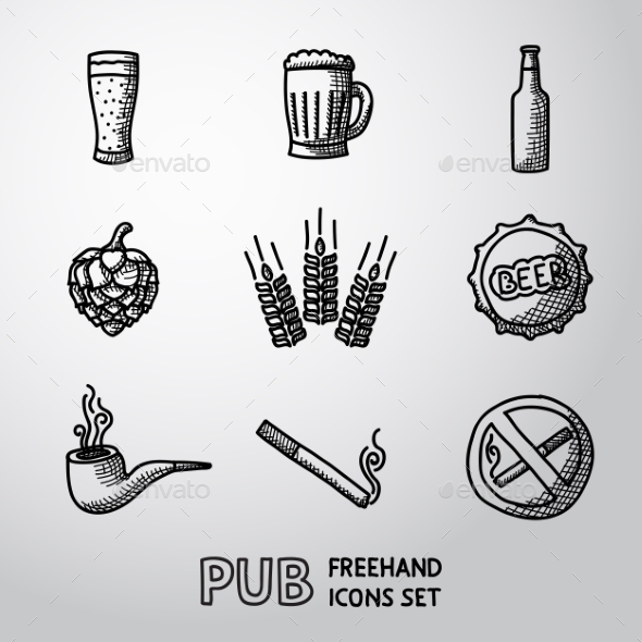 Pub, Beer Handdrawn Icons Set. Vector
