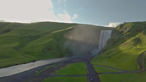 Skogafoss waterfall in sun light in Iceland