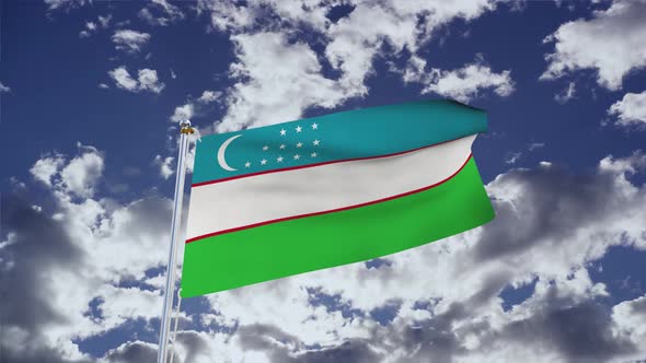 Uzbekistan Flag With Sky 4k