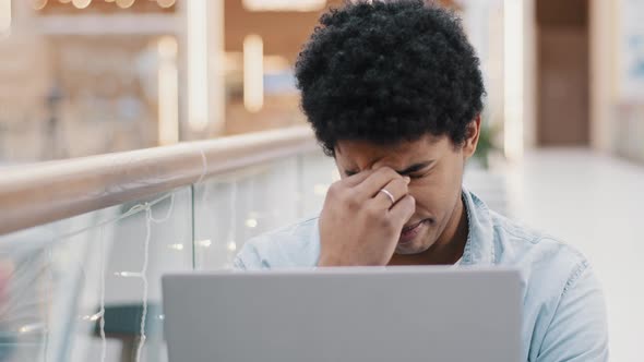 Tired Married African American Business Man Worries Overwork Problems Stress Rubs Bridge of Nose