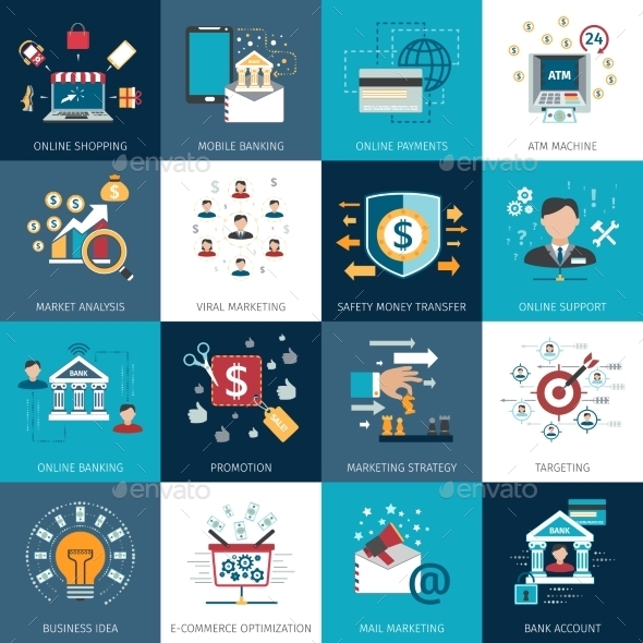 Banking Marketing Concept Flat Icons Set