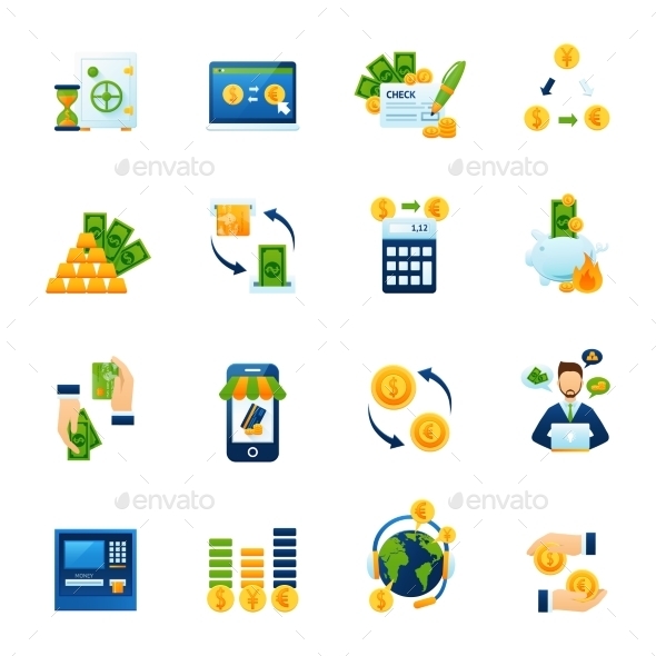 Currency Exchange Flat Icons Set