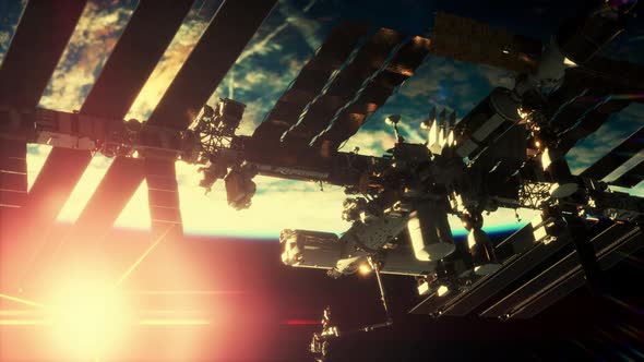 Close Up ISS Flying Over Earth Globe Atmosphere alt