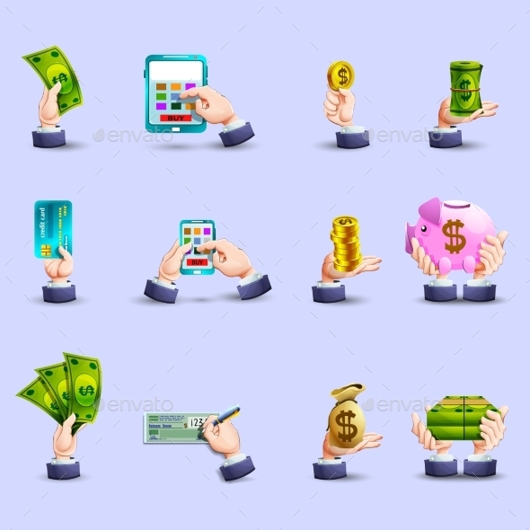 Hands Payment Flat Icons Set