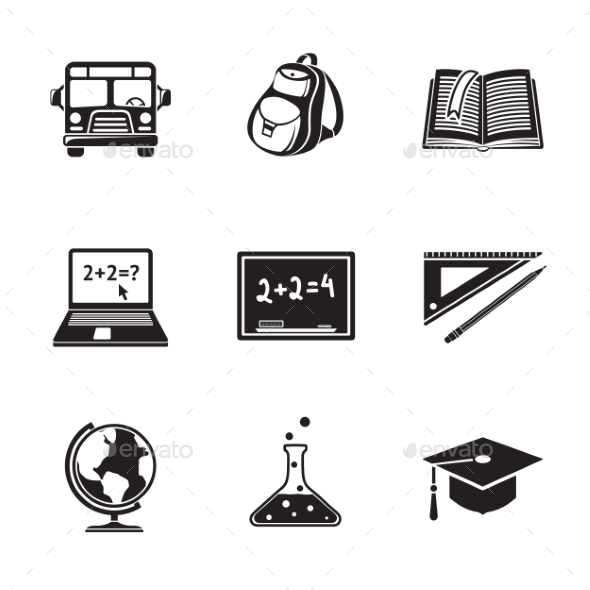 School Education Monochrome Icons Set With - Globe