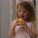 Portrait of Cute Baby Girl in Dress Who Eats a Sour Lemon While Sitting Indoors on High Chair - VideoHive Item for Sale