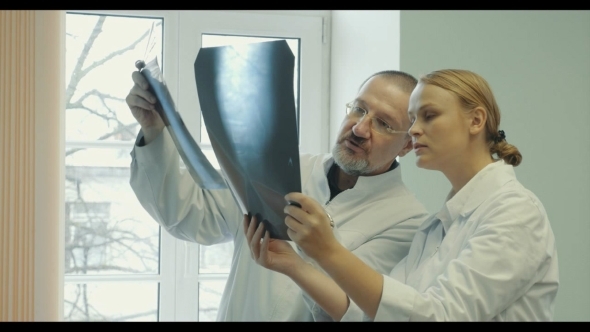 Two Doctors Comparing X-ray Images alt
