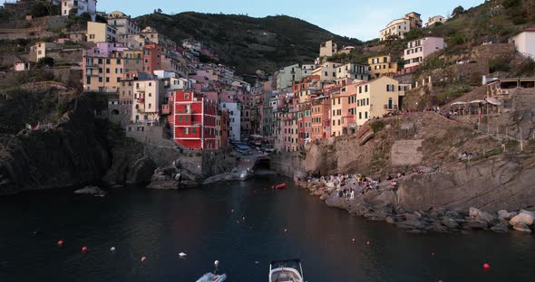 Most southern village of Cinque Terre, colorful houses, Riomaggiore; aerial