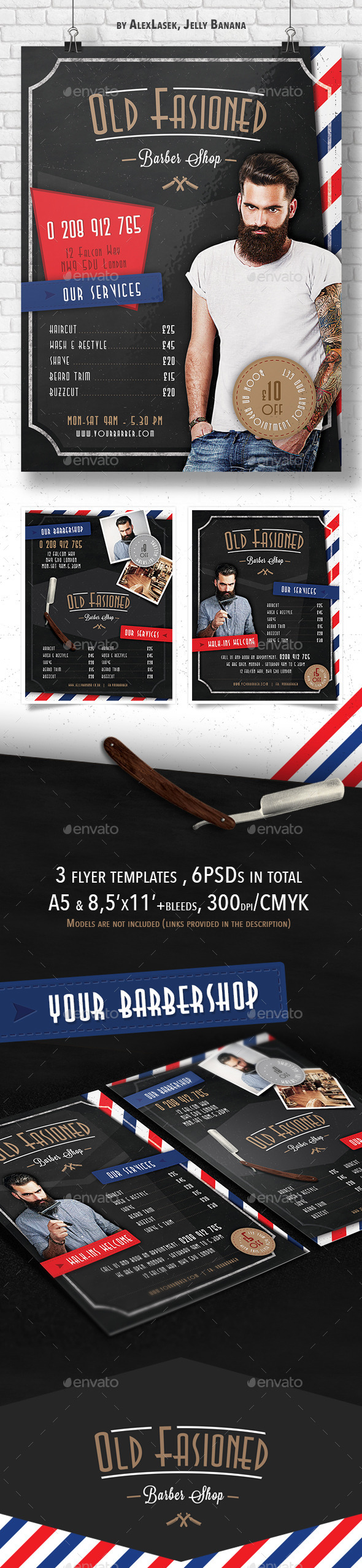 3 Old Fashioned Barber Shop Flyer Templates 6PSD