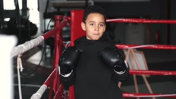 Little Boy Training Boxing on Boxing Ring