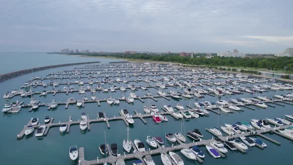 Boats In City Of Chicago Harbor Drone