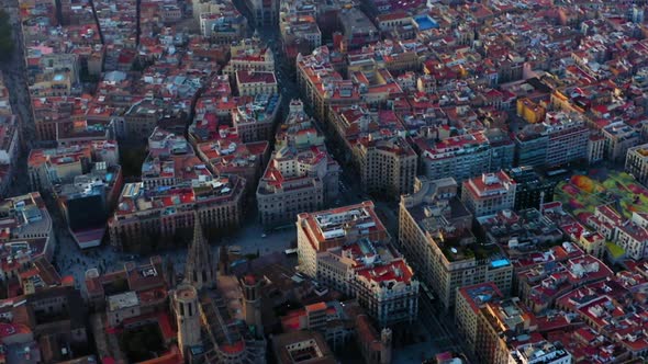 Barcelona Gothic Quarter and cityscape aerial view at sunset, Spain