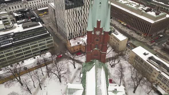 Slow cinematic aerial footage rotating around very popular tourist destination, The Church of Klara