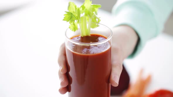 Close Up Of Woman Hands With Juice And Vegetables 8