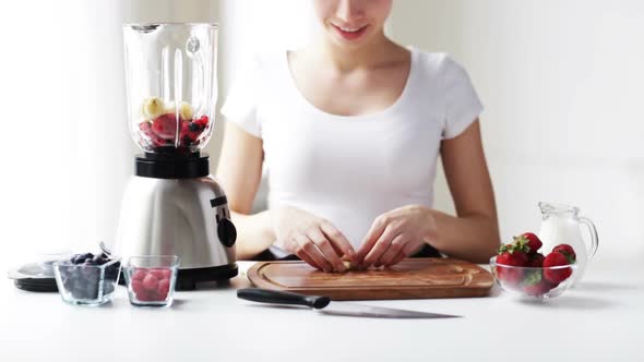 Smiling Woman With Blender Making Fruit Shake alt