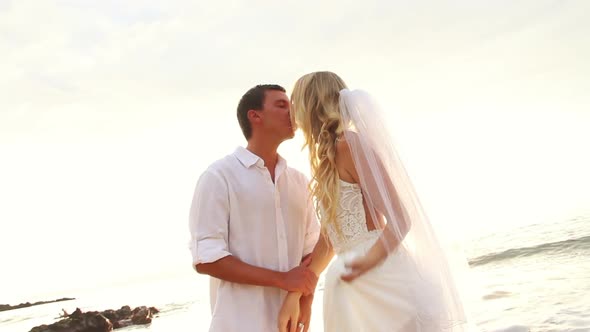 Happy Romantic Bride And Groom, Sunset Wedding On Tropical Beach, Hd Video 3