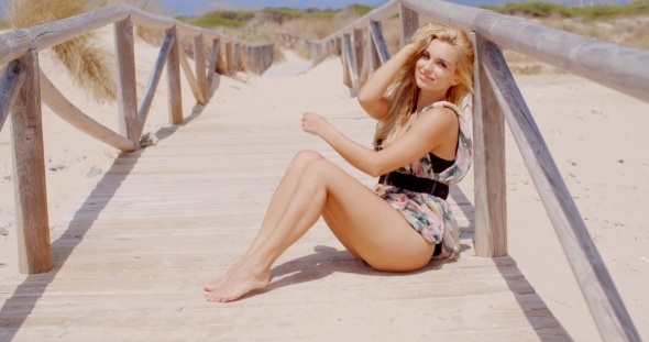 Blond Model Posing On Sandy Beach alt