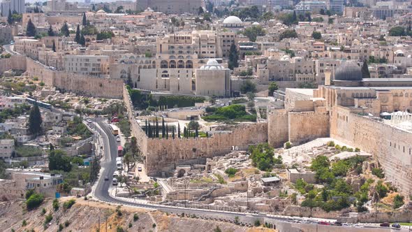 Panoramic View on Jerusalem Timelapse with Traffic on the Road From the Mount of Olives