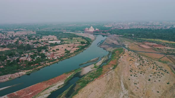 A Beautiful Aerial Shot of Taj Mahal and River Yamuna Flowing Alongside in Agra , Uttar Pradesh