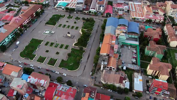 Aerial View Of Tupac Amaru Square In Cusco, Peru - drone shot