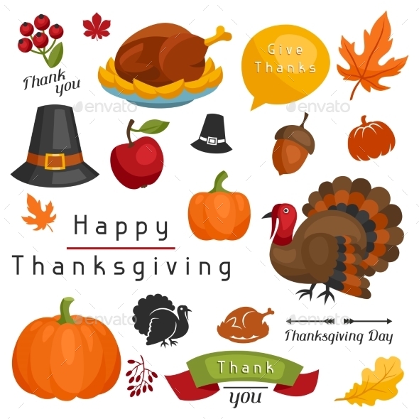 Set Of Happy Thanksgiving Day Holiday Objects