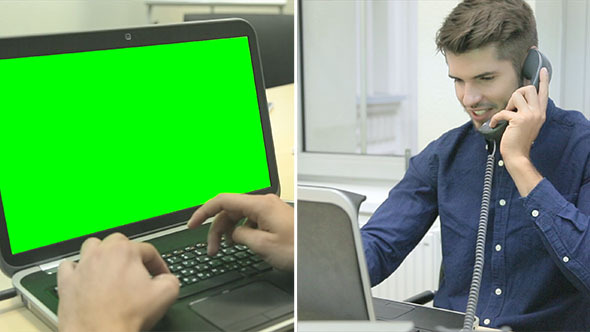 Working on Laptop with Green Screen alt