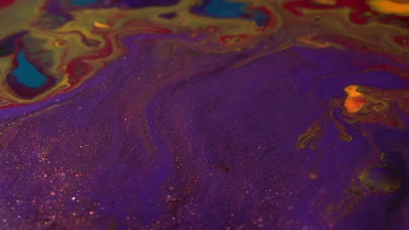 Purple, cobalt blue, gold and red colors mix, Acrylic Painting, Paint movement macro