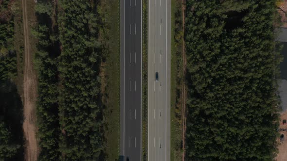 Birds Eye Overhead Top Down Aerial of Autobahn Highway in Germany with Little Car Traffic, Drone Top