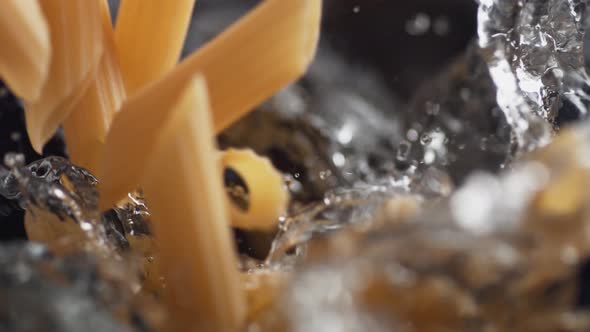 Throwing penne pasta into water. Slow Motion.