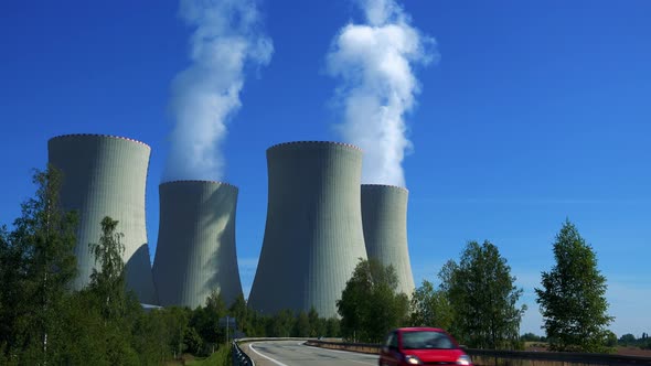 Factory (Nuclear Power Station) - Smoke From Chimney - Road with Trees