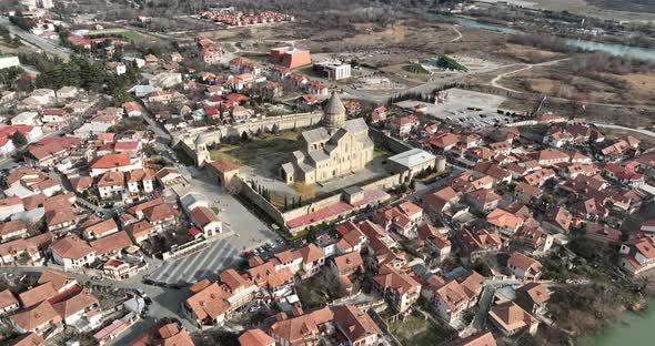 Aerial view of Orthodox Svetitskhoveli Cathedral in Mtskheta, Georgia