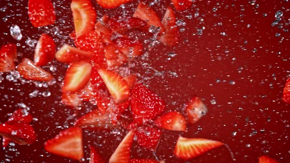 Super Slow Motion Shot of Fresh Strawberries and Water Side Collision on Red Background at 1000Fps.