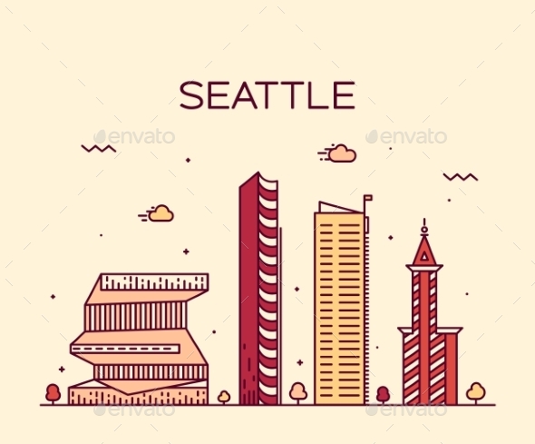 Seattle Skyline Trendy Vector Illustration Linear