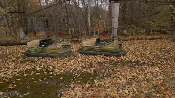 Close up view of bumper cars Decayed Autodrome in ghost town Pripyat in chernobyl exclusion zone