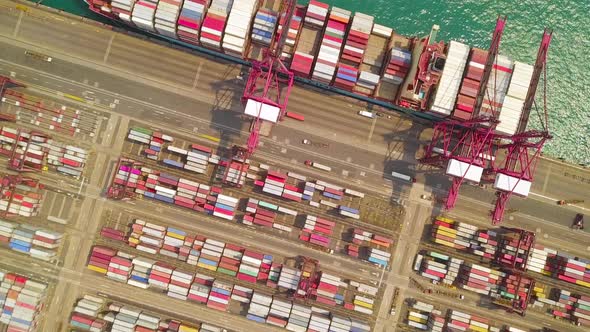 Aerial top view of container cargo ship in the export and import business and logistics