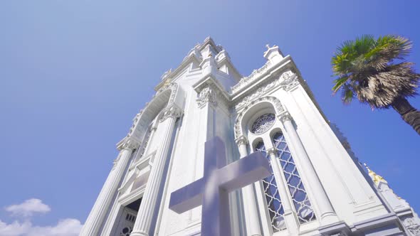 Pilgrimage sign and church.