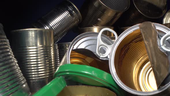 Recycling metal food packaging. Household recycle box for metal cans