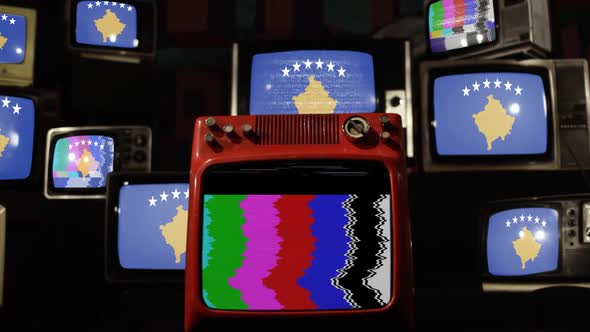 The flag of Kosovo and Retro TVs.