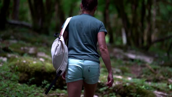 a Woman in Shorts and with a Backpack on Her Shoulder Climbs Up the Slope To the Trees. the View