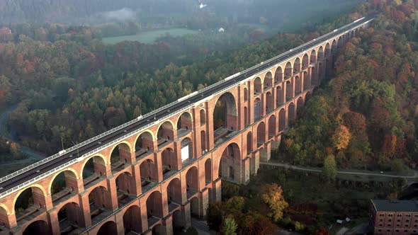 Goltzsch Brick Viaduct in Germany on a Foggy Autumnal Morning Aerial View