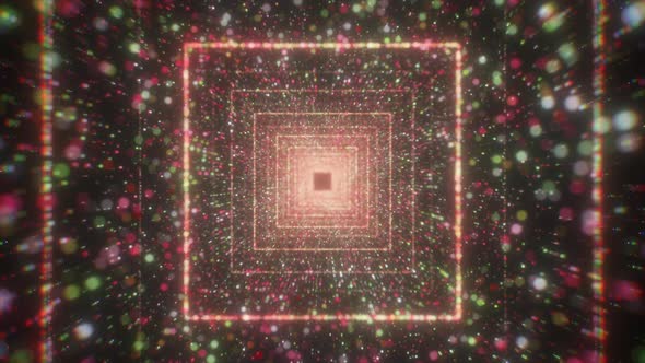 Infinite Light in the End of the Square Shaped Tunnel of Glowing Dots and Particles